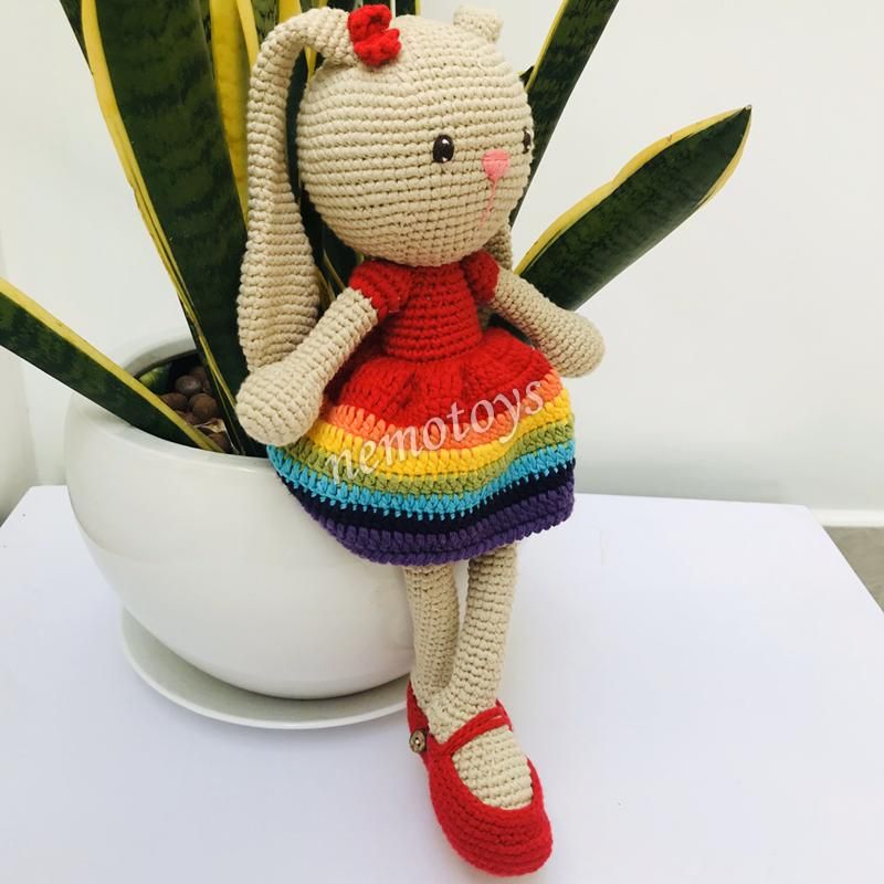 THỎ CẦU VỒNG - 35CM -Thú bông bằng len handmade, Thú len nhồi bông Amigurumi, Búp bê len handmade cao cấp NemoToys