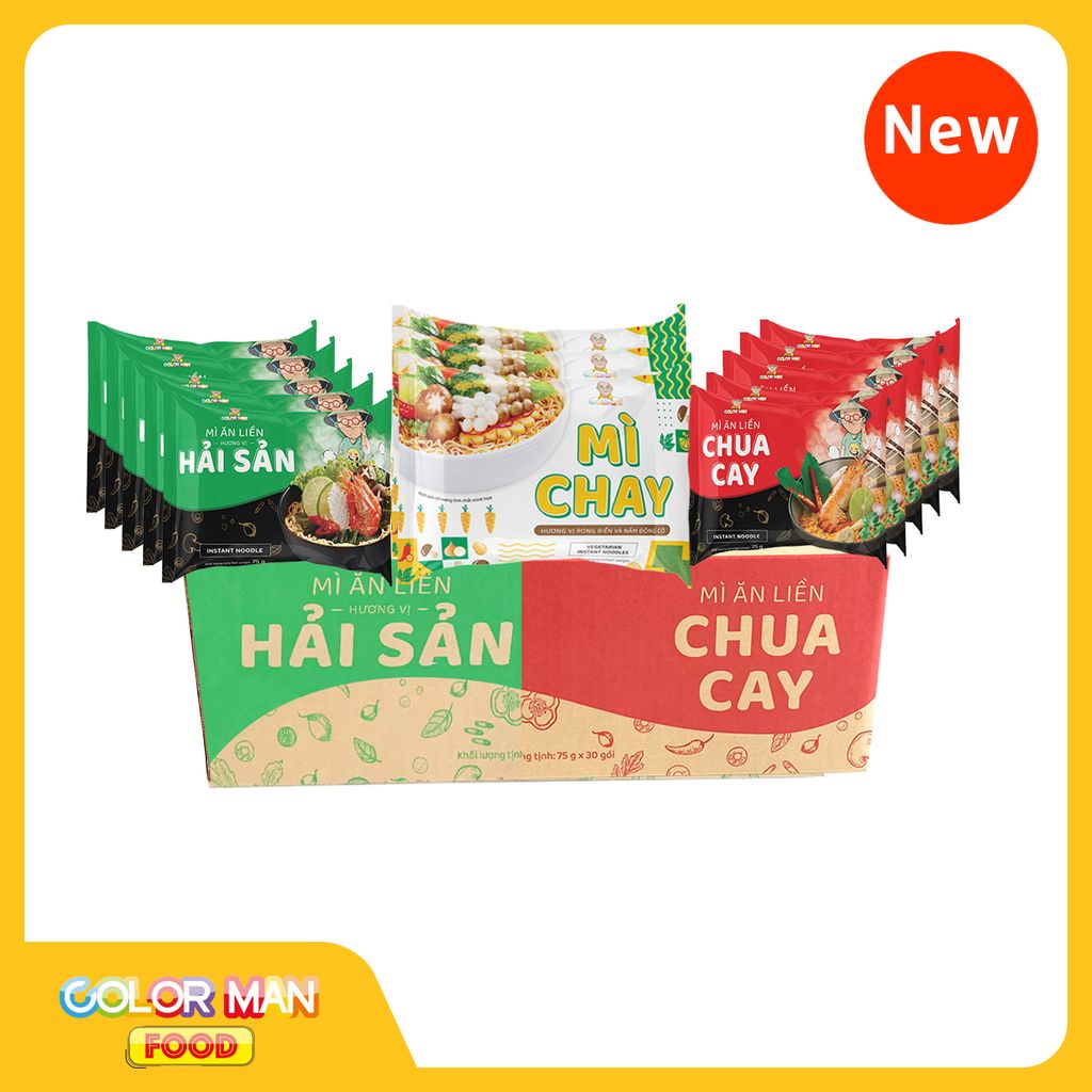 Thùng Mì Ăn Liền Color Man 3 Loại 30 GÓI ( 10 Chua Cay - 10 Hải Sản - 10 Mì Chay)