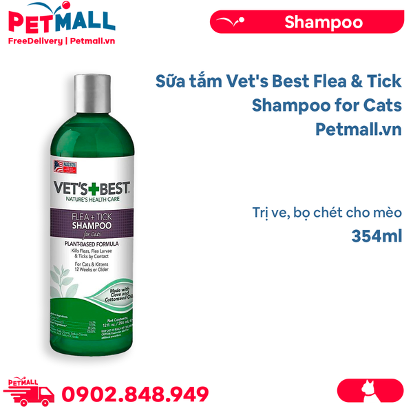 Sữa tắm Vet's Best Flea & Tick Shampoo for Cats 354ml Trị ve, bọ ché