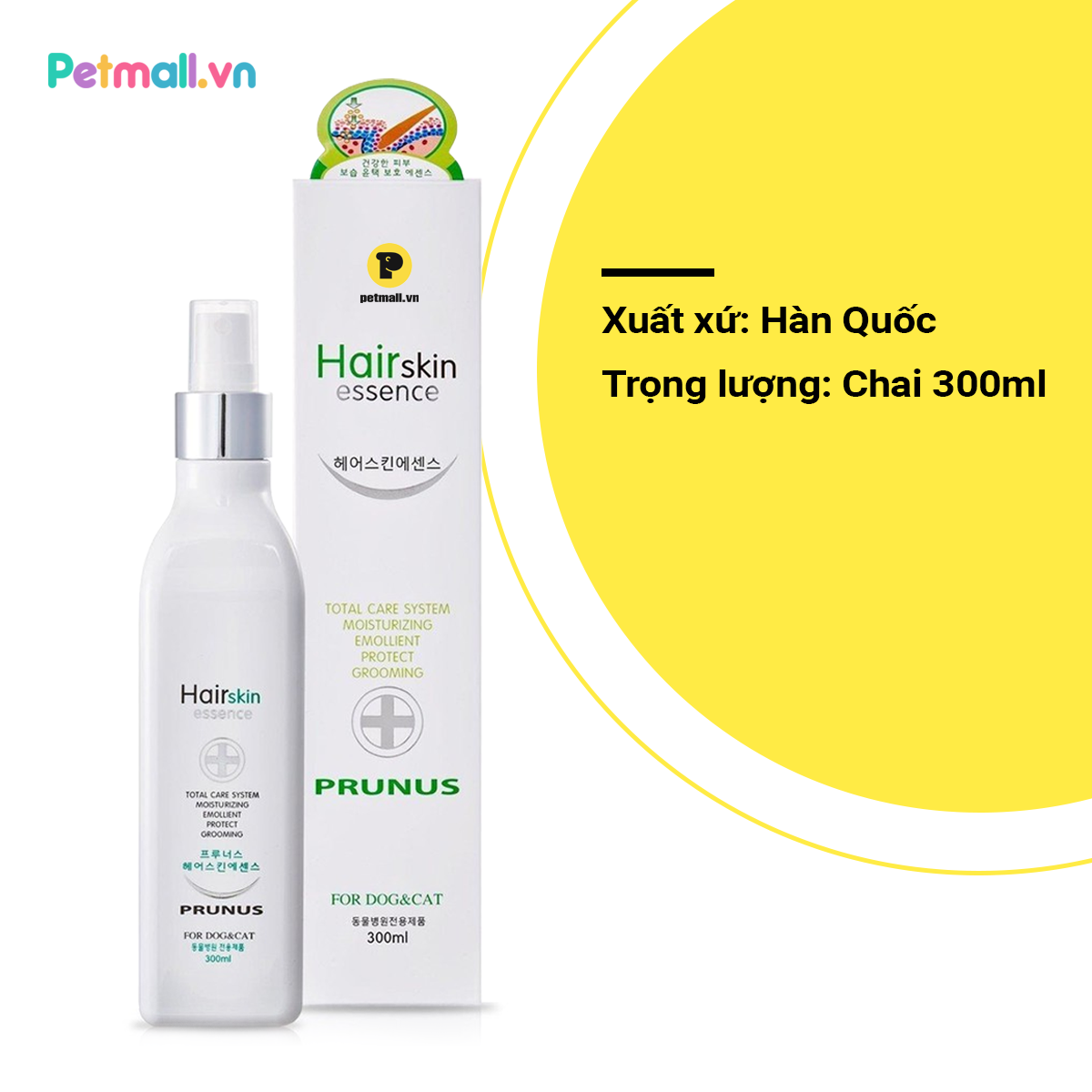 Xịt dưỡng da lông Prunus HairSkin Essence 300ml - Hàn Quốc