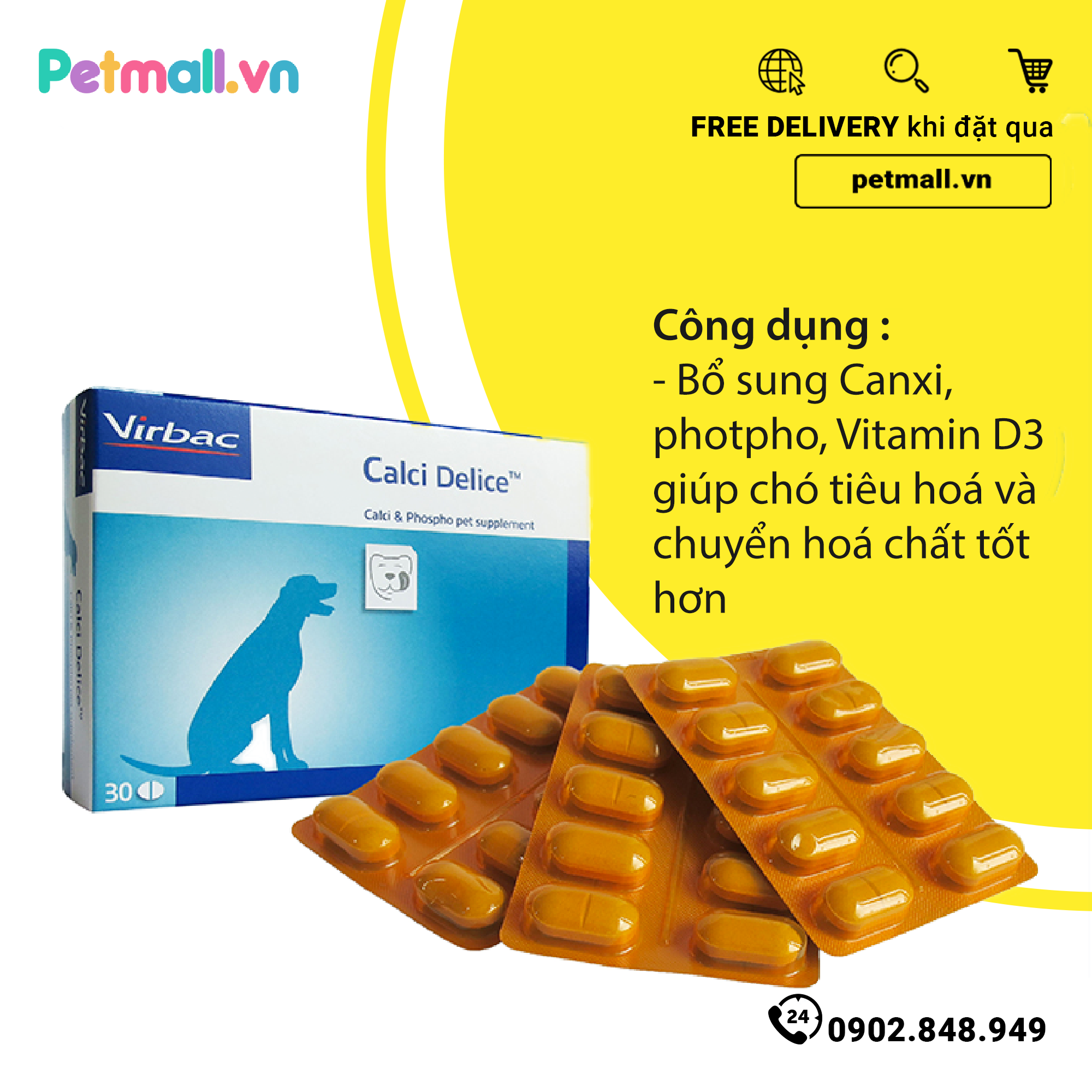 Virbac Calci Delice cung cấp Canxi, Phospho, Vitamin D3 - hộp 30 viên