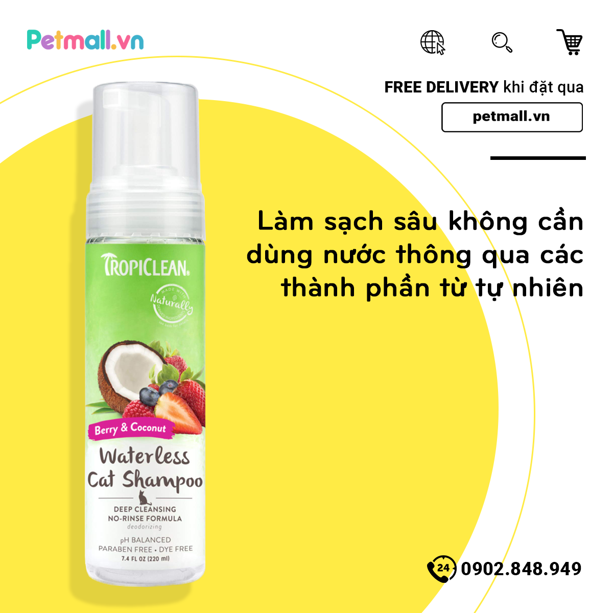 Tắm khô mèo TropiClean Waterless Berry Coco 220ml - Hương dâu Pháp