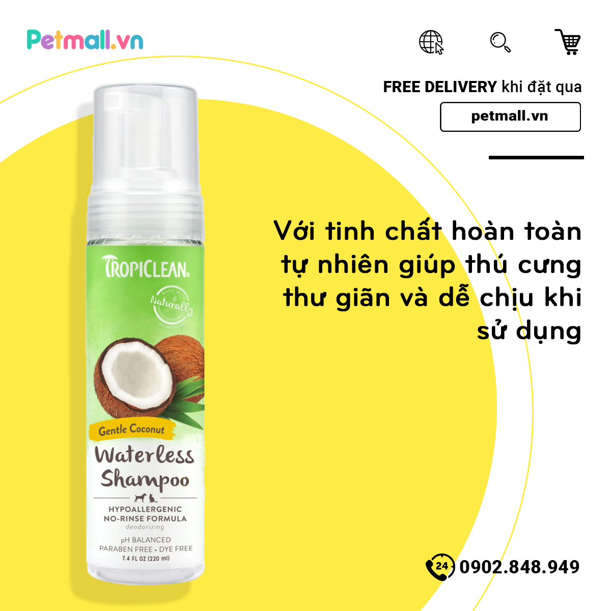 Tắm khô chó TropiClean Waterless Papaya 220ml - Hương dừa Hawaii