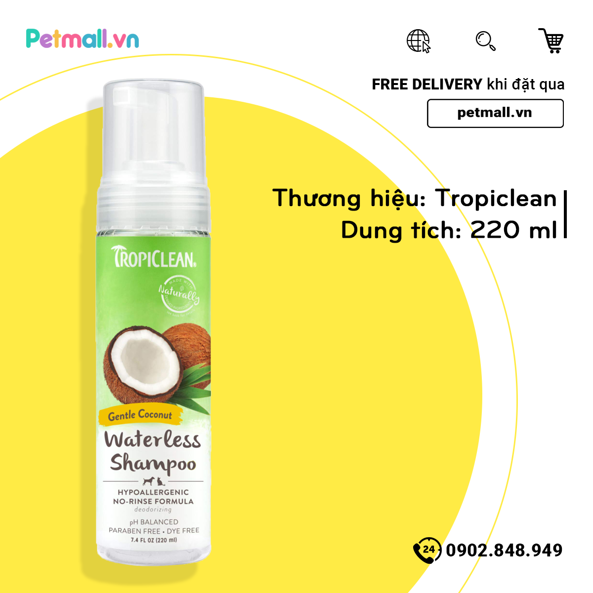 Tắm khô chó TropiClean Waterless Papaya 220ml - Hương dừa Hawaii