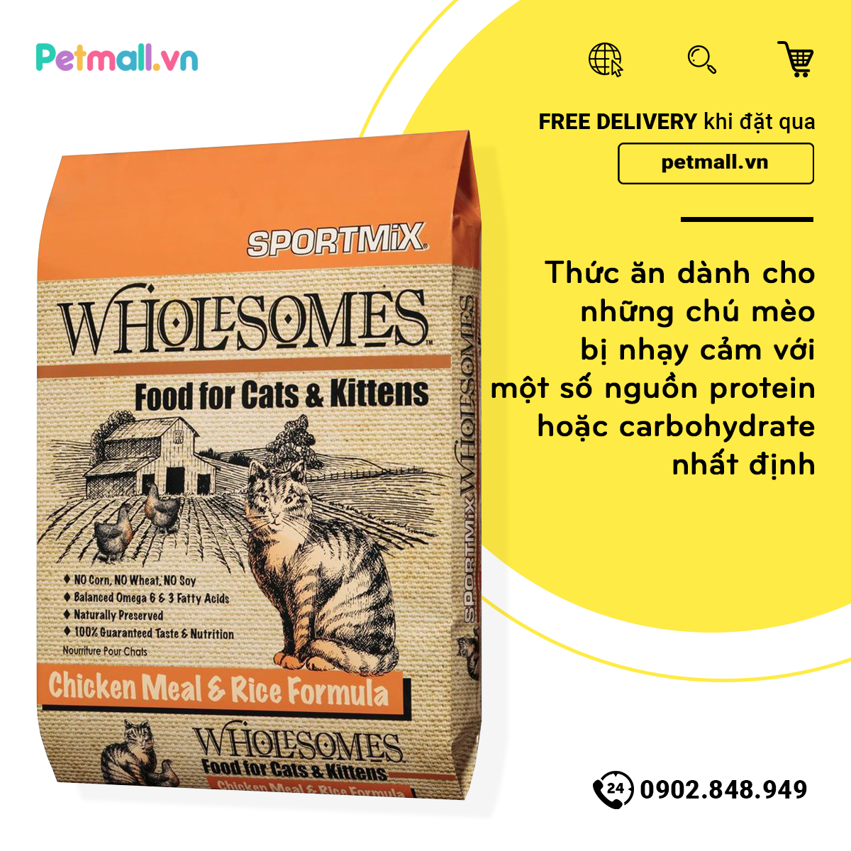 Thức ăn mèo Wholesomes Grain Free Chicken & Rice 6.8kg - nhập USA