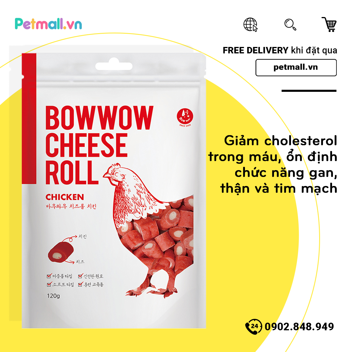Phô mai viên Petsmix Bow Chesse Roll Chicken 120g - Phô mai cuộn gà