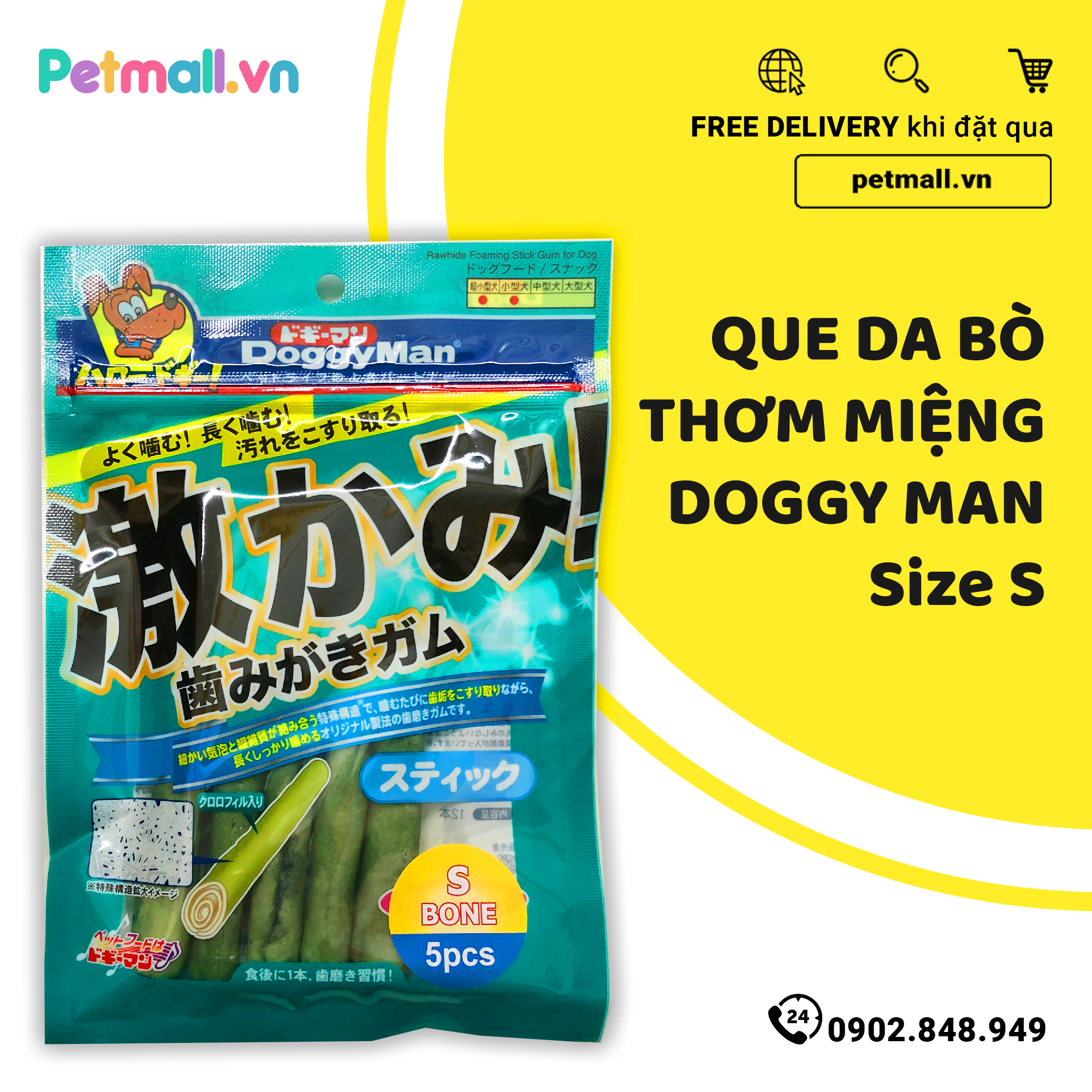 Xương que da bò thơm miệng DoggyMan Size S - 5 cây