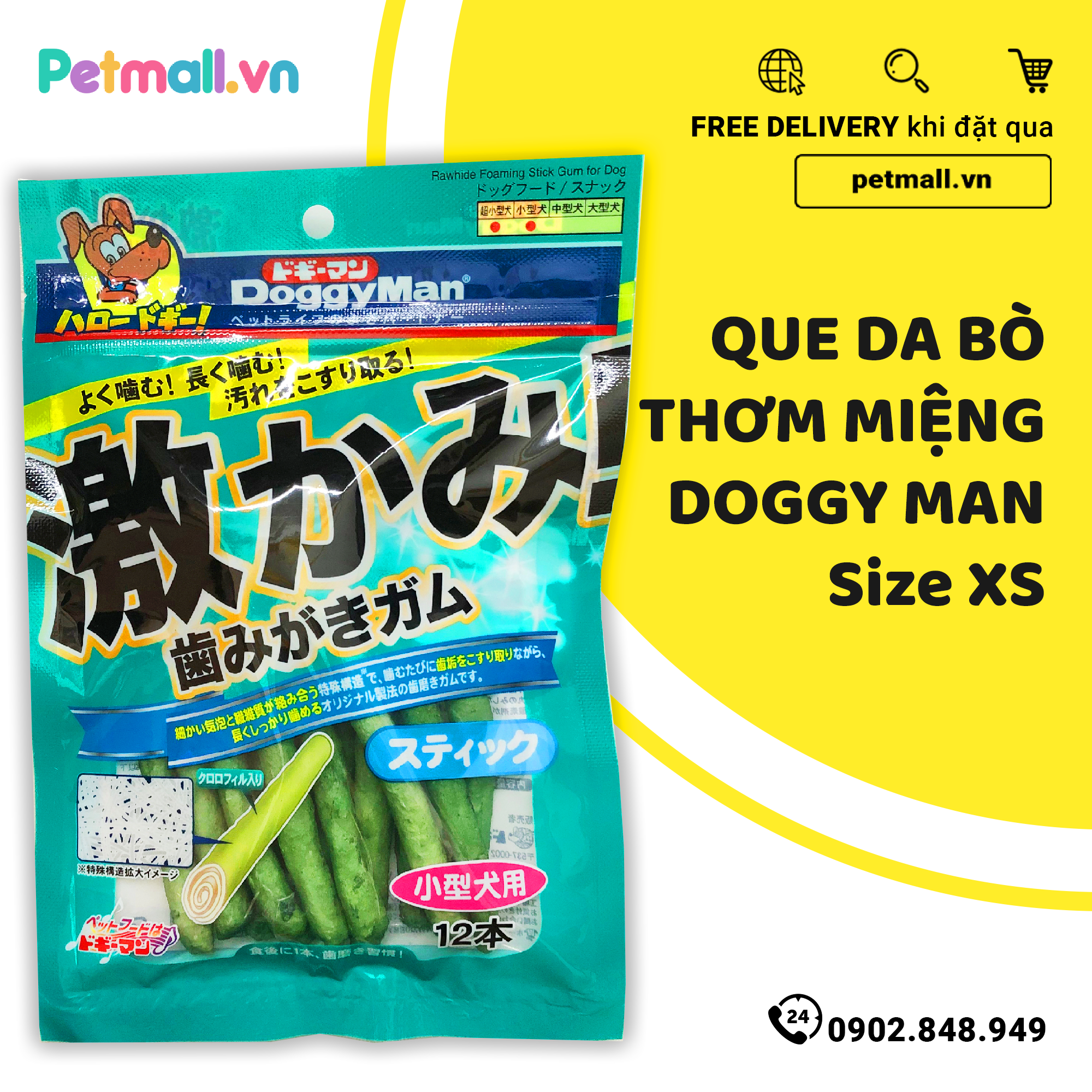 Xương que da bò thơm miệng DoggyMan Size XS - 12 cây