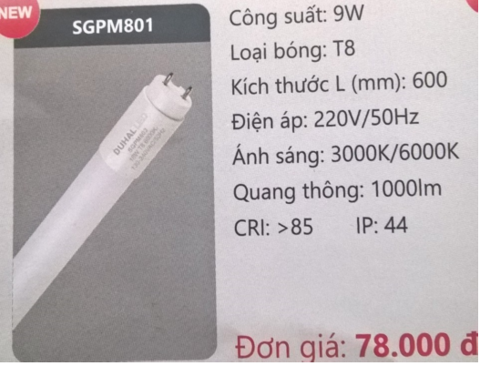  BÓNG ĐÈN TUÝP LED DUHAL SGPM801 ( 0,6M , 9W ) 