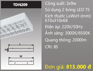  máng đèn lắp nổi, gắn nổi chóa phản quang duhal  2 bóng 6 tấc 2x 9w TDN209 