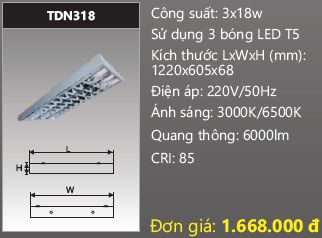 máng đèn lắp nổi, gắn nổi chóa phản quang duhal 3 bóng 1m2 3x18w TDN318