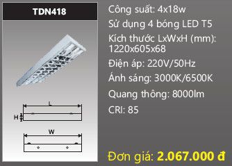  máng đèn lắp nổi, gắn nổi chóa phản quang duhal 4 bóng 1m2 4x18w TDN418 