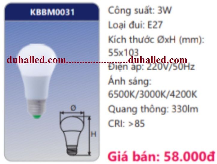  BÓNG ĐÈN LED DUHAL ĐỔI MÀU 3W KBBM0031 / KBBM 0031 - GẮN ĐUÔI VẶN (CHUI VẶN) LỚN E27 