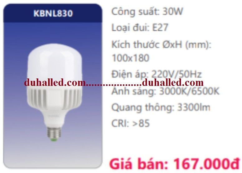 BÓNG ĐÈN LED DUHAL 30W KBNL830 / KBNL 830 VẶN ĐUÔI LỚN E27