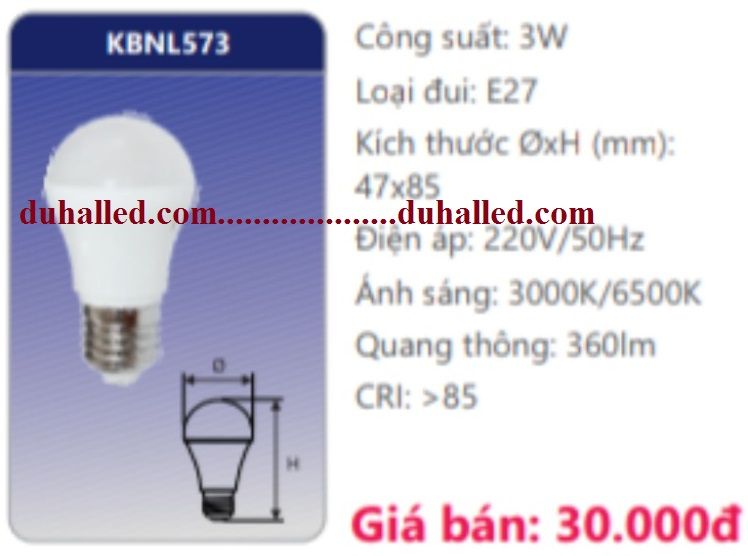 BÓNG ĐÈN LED DUHAL 3W KBNL573 / KBNL 573 VẶN ĐUÔI LỚN E27