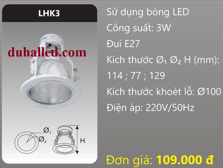 ĐÈN LON DOWNLIGHT ÂM TRẦN MẶT KÍNH DUHAL 3W LHK3 / LHK 3