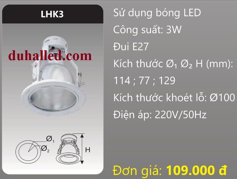  ĐÈN LON DOWNLIGHT ÂM TRẦN MẶT KÍNH DUHAL 3W LHK3 / LHK 3 