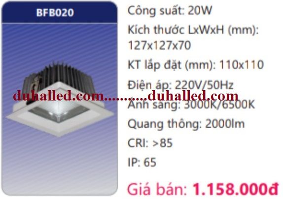 ĐÈN LED ÂM TRẦN VUÔNG CHIẾU SÂU TRẦN CAO DUHAL 20W BFB020 / BFB 020