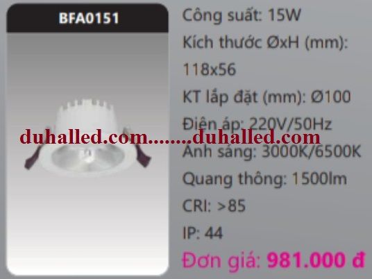 ĐÈN LED ÂM TRẦN CHIẾU SÂU DUHAL 15W BFA0151 / BFA0151