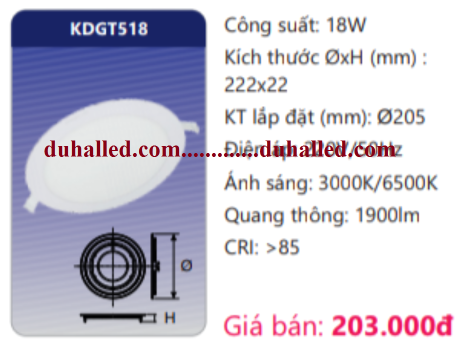  ĐÈN LED ÂM TRẦN DUHAL 18W KDGT518 / KDGT 518 / DGT518 