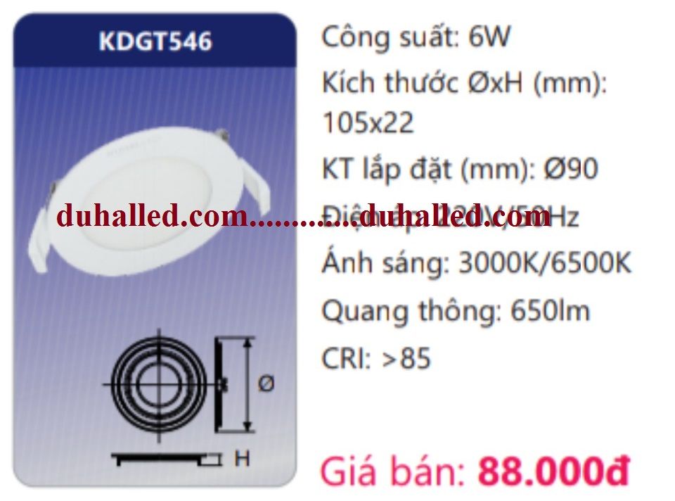 ĐÈN LED ÂM TRẦN DUHAL 6W KHOÉT LỔ 90 KDGT546 / KDGT 546