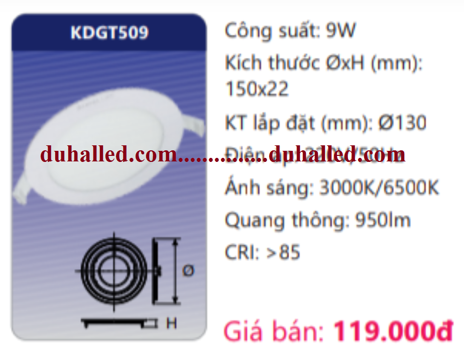 ĐÈN LED ÂM TRẦN DUHAL 9W KDGT509 / KDGT 509 / DGT509