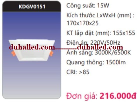 ĐÈN LED DOWNLIGHT ÂM TRẦN VUÔNG DUHAL 15W GÓC RỘNG (CHIẾU RỘNG) KDGV0151 / KDGV 0151