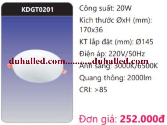  ĐÈN LED DOWNLIGHT ÂM TRẦN DUHAL 20W GÓC RỘNG (CHIẾU RỘNG) KDGT0201 / KDGT 0201 