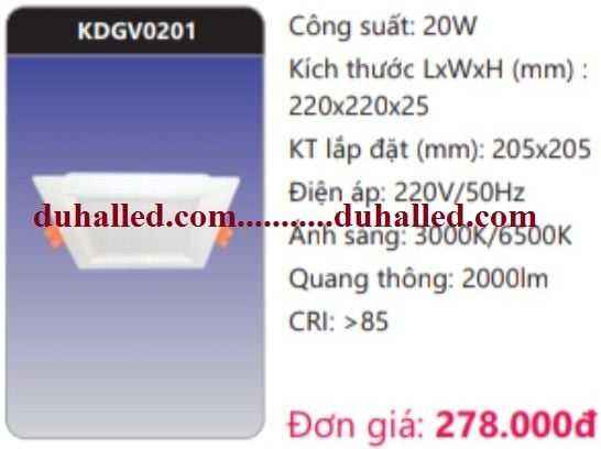 ĐÈN LED DOWNLIGHT ÂM TRẦN VUÔNG DUHAL 20W GÓC RỘNG (CHIẾU RỘNG) KDGV0201 / KDGV 0201