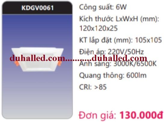 ĐÈN LED DOWNLIGHT ÂM TRẦN DUHAL 6W VUÔNG GÓC RỘNG (CHIẾU RỘNG) KDGT0061 / KDGT 0061