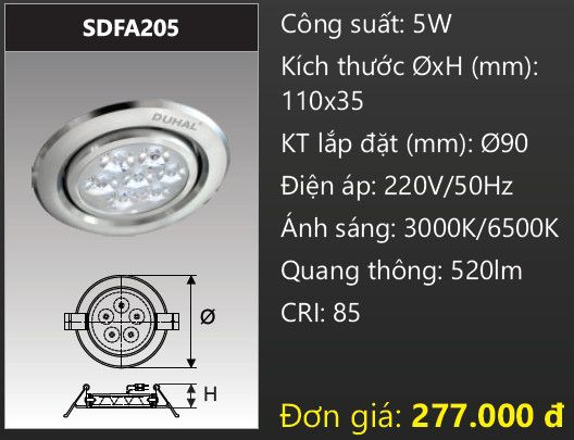 đèn led âm trần xoay chiếu điểm duhal sdfa205 - 5w