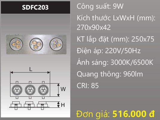  đèn led âm trần xoay chiếu điểm 3 bóng 3x3w duhal sdfc203 - 9w 