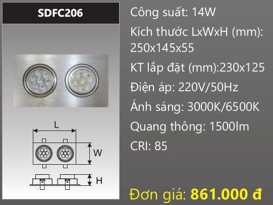  đèn led âm trần xoay chiếu điểm 2x7w duhal sdfc206 - 14w 