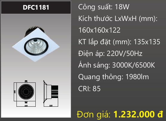  ĐÈN LED SPOTLIGHT VUÔNG ÂM TRẦN CHIẾU ĐIỂM DUHAL 18W DFC1181 / DFC 1181 