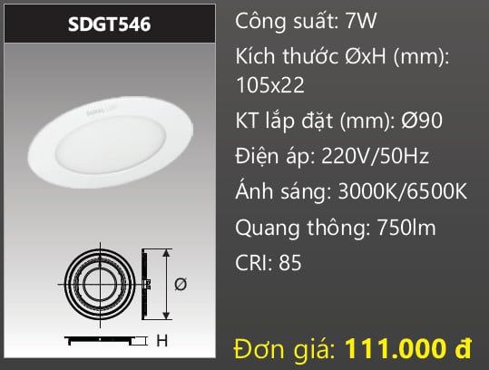 ĐÈN LED ÂM TRẦN DUHAL 7W SDGT546 - LỔ KHOÉT / LỔ CẮT D90