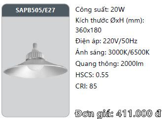  đèn led nhà xưởng duhal 20w sapb505 sử dụng bóng đuôi E27 