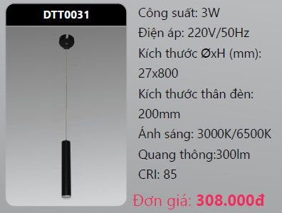  ĐÈN LED ỐNG BƠ TREO THẢ TRANG TRÍ DUHAL DTT0031 LED 3W 