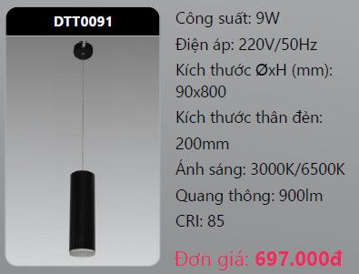  ĐÈN LED ỐNG BƠ TREO THẢ TRANG TRÍ DUHAL DTT0091 LED 9W 