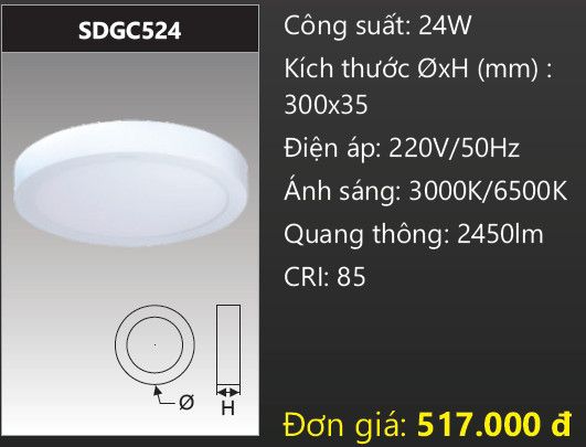 ĐÈN LED ỐP TRẦN DUHAL 24W SDGC524 / SDGC 524