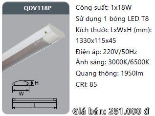  đèn máng ốp trần chụp mica duhal 1m2 1 bóng led 1m2x18w QDV118P 