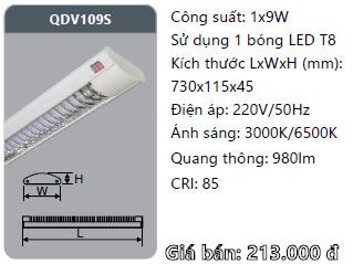 đèn máng ốp trần xương cá duhal 1 bóng 6 tấc 0,6m 9w QDV109S