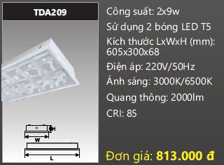  máng đèn âm trần chóa phản quang duha 2 bóng đèn 6 tấc 2x9w TDA209 