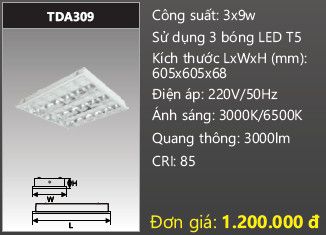  máng đèn âm trần chóa phản quang duha 3 bóng 6 tấc 3x9w TDA309 