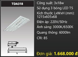  máng đèn âm trần chóa phản quang duha 3 bóng đèn 1m2 TDA318 