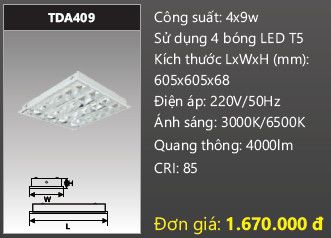  máng đèn âm trần chóa phản quang duha 4 bóng đèn 6 tấc 4x9w TDA409 