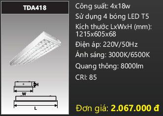  máng đèn âm trần chóa phản quang duhal 1m2 4 bóng đèn 1m2 4x18w TDA418 