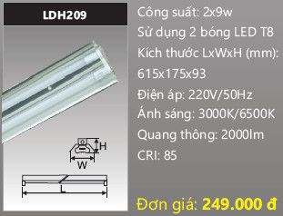  máng đèn công nghiệp duhal 2 bóng 6 tấc 2x9w LDH209 