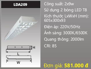  máng đèn phản quang âm trần duhal 2 bóng 6 tấc 2x9w LDA209 