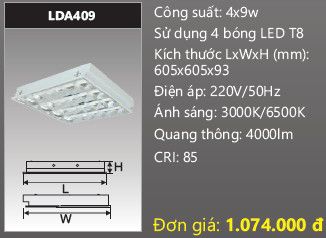máng đèn phản quang âm trần duhal 4 bóng 0,6m 6 tấc 4x9w LDA409
