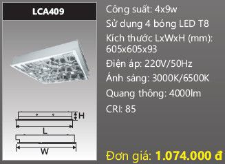  máng đèn phản quang âm trần duhal 4 bóng 6 tấc 4x9w LCA409 
